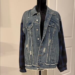 VICI Denim Jacket with Blue Plaid Sleeves